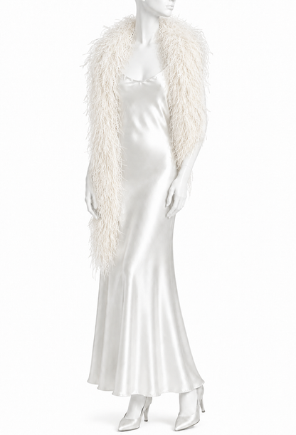 Ivory ostrich-feather boa with long fringe, draped over a mannequin shoulders