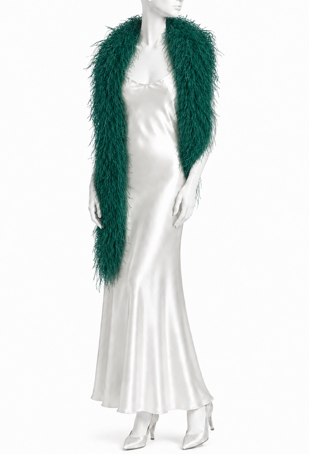 Folies ostrich feather boa in poison green, draped over shoulders