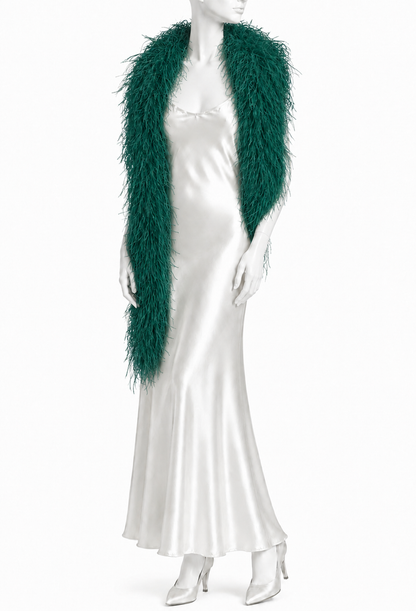 Folies ostrich feather boa in poison green, draped over shoulders