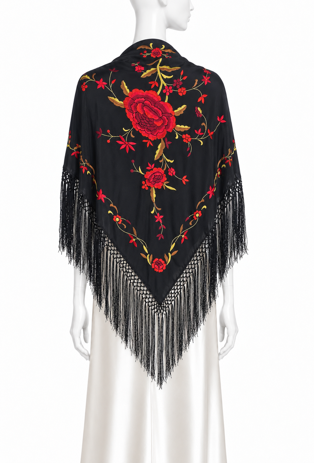 Embroidered silk shawl in black with red and gold floral design and long fringe