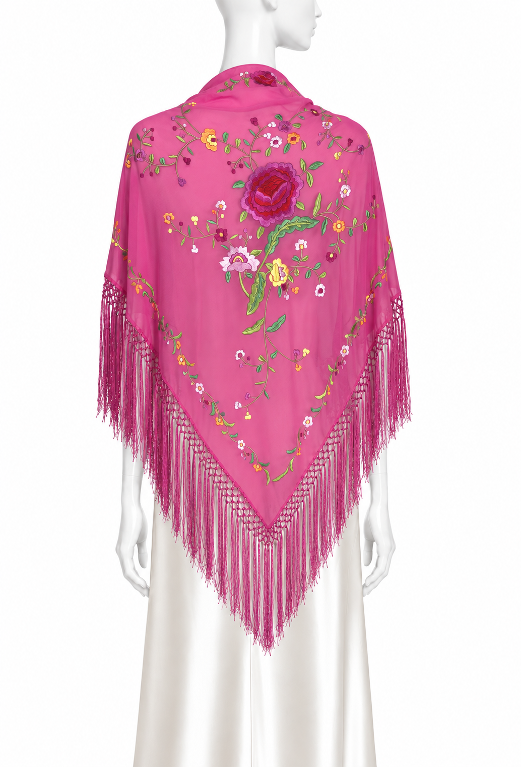 Embroidered silk shawl in rose pink with floral motifs and long beaded fringe