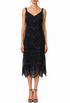 Jet black sleeveless V-neck midi dress with embroidered lace yoke and scalloped hem