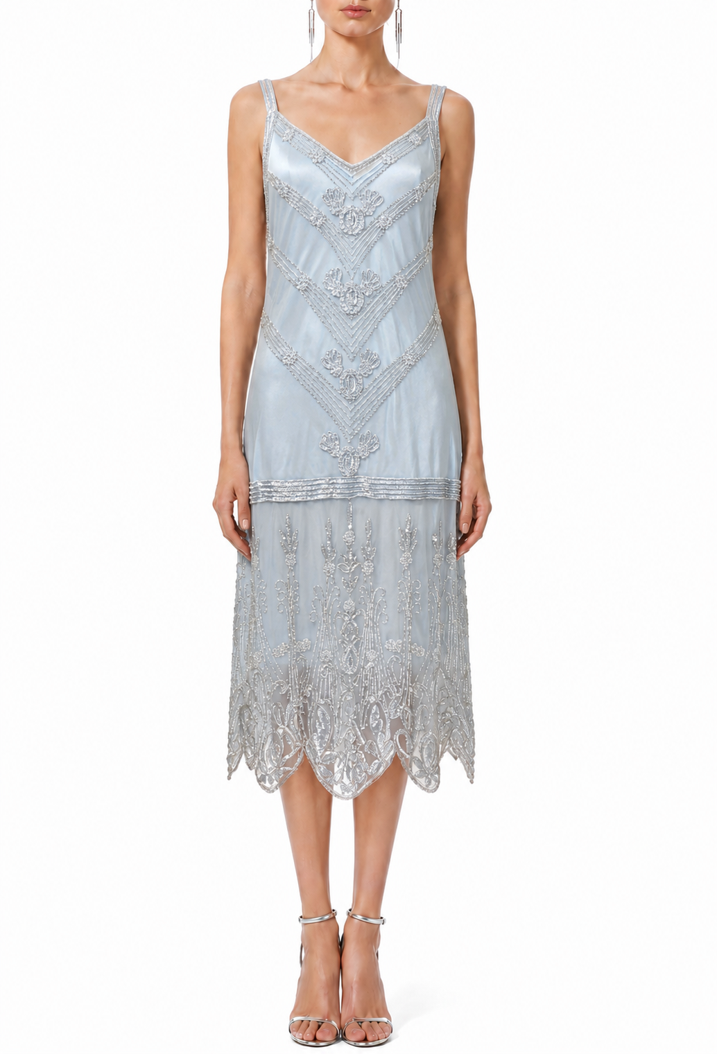Palladium light blue beaded midi gown with V-neck and lace trim