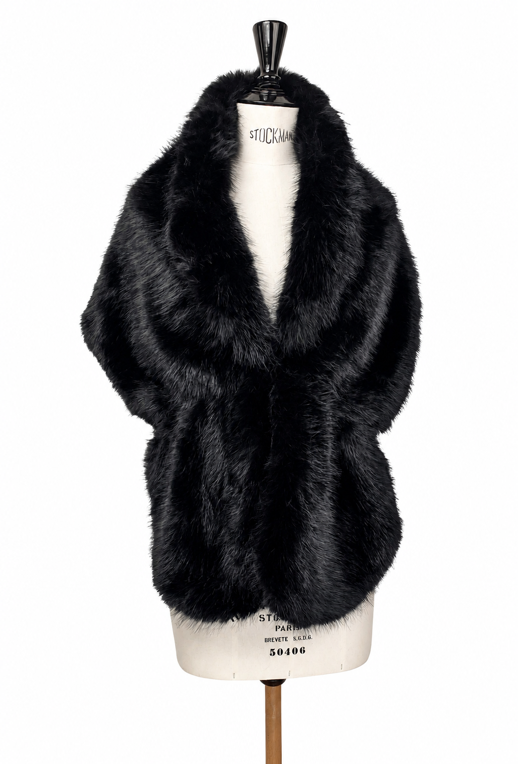 Dark faux fur stole with wide draped collar, soft textured pile, Raven Noir style