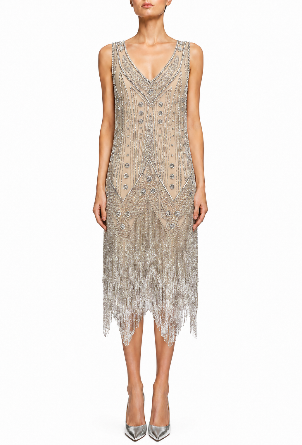Champagne palladium beaded midi gown with V-neckline, sleeveless bodice, and fringe hem