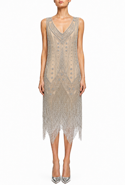Champagne palladium beaded midi gown with V-neckline, sleeveless bodice, and fringe hem