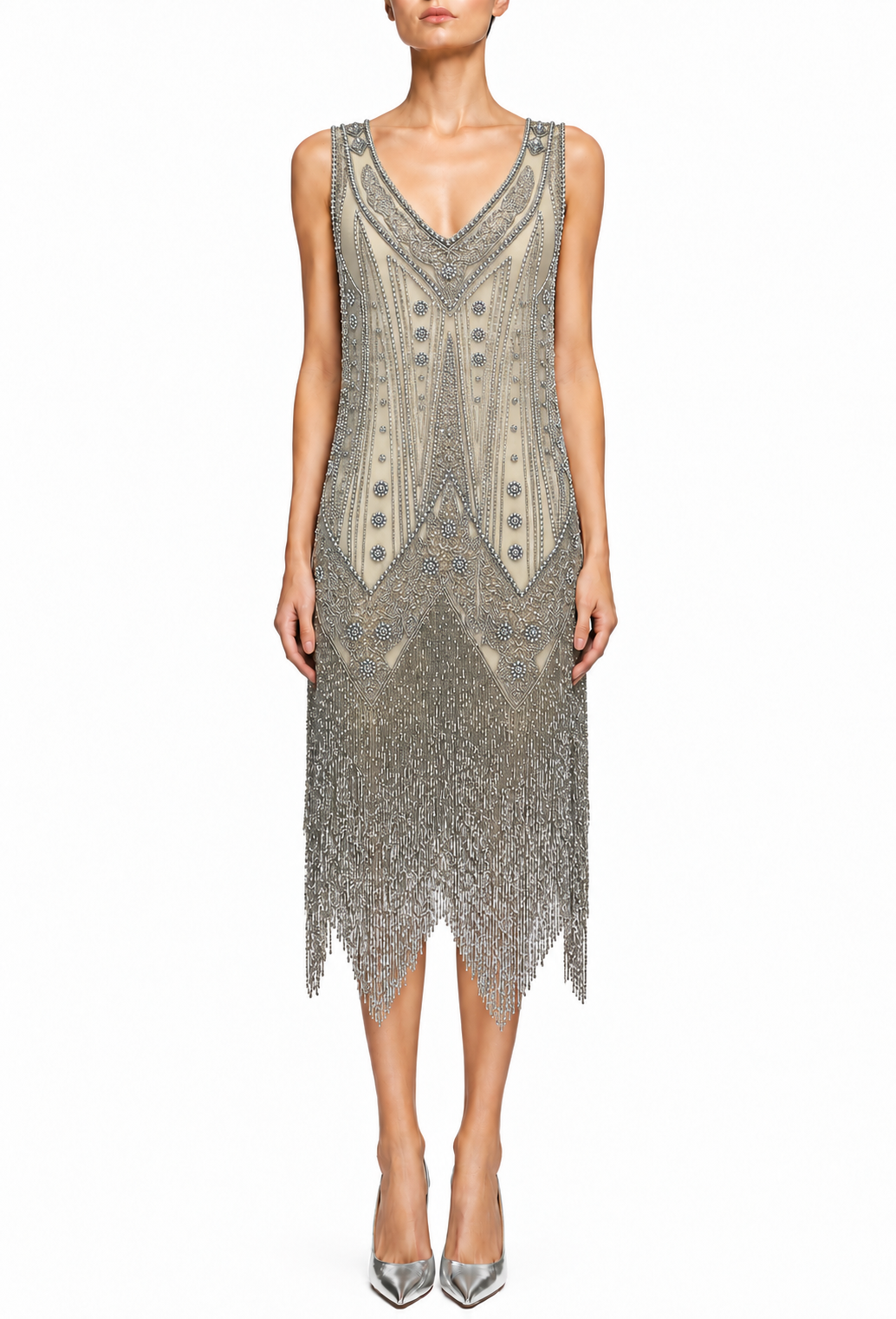 Champagne palladium beaded midi gown with V-neck and draped fringe hem