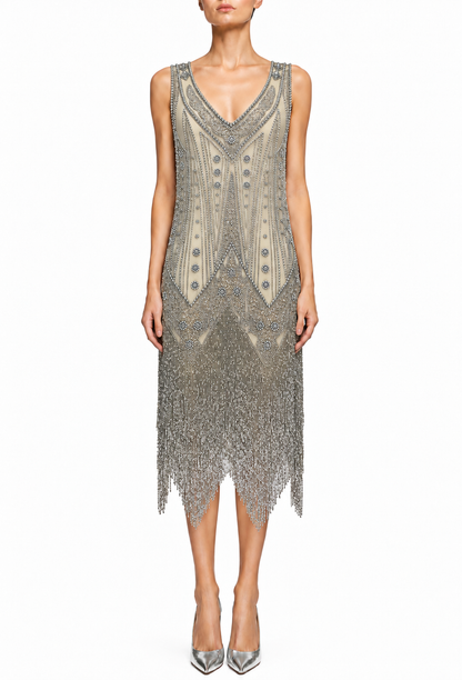 Champagne palladium beaded midi gown with V-neck and draped fringe hem