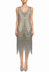 Champagne palladium beaded midi gown with V-neck and draped fringe hem