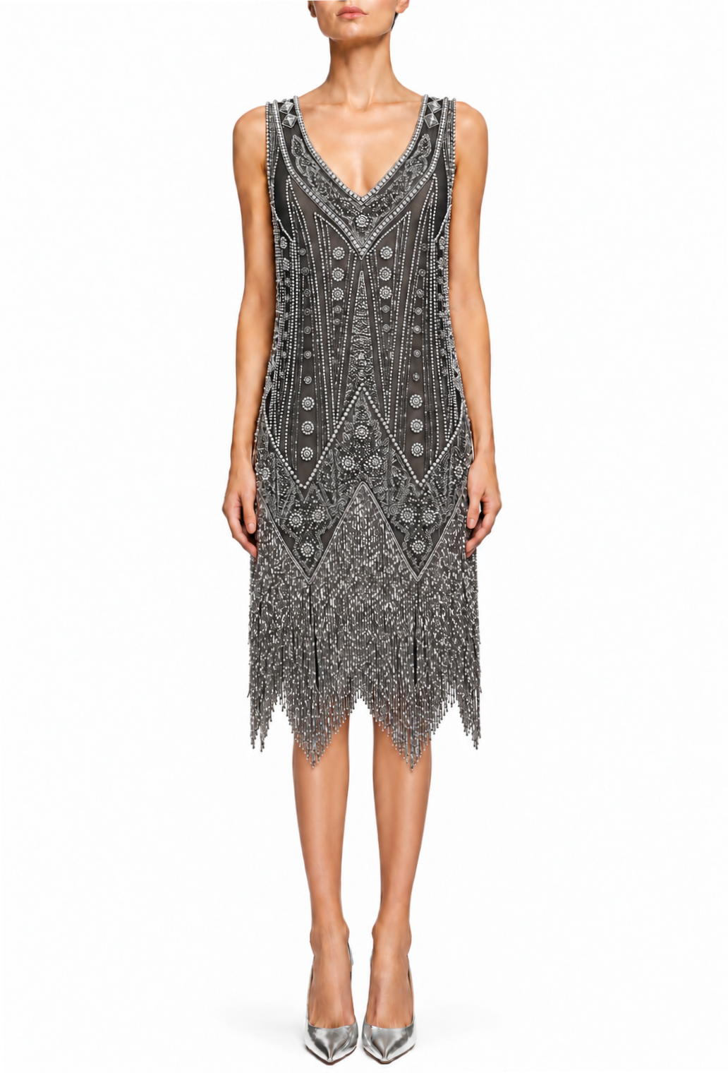 Sleeveless beaded V-neck midi dress with fringe hem and silver-toned geometric patterns.