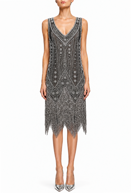 Sleeveless beaded V-neck midi dress with fringe hem and silver-toned geometric patterns.