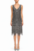 Sleeveless beaded V-neck midi dress with fringe hem and silver-toned geometric patterns.
