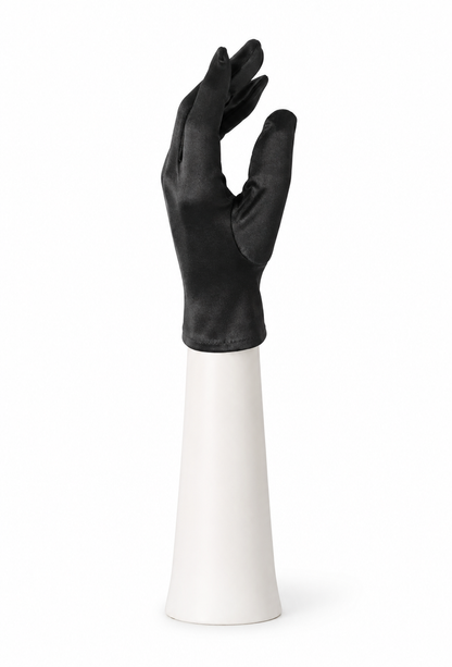 Jet black satin evening glove, long cuff, hand raised
