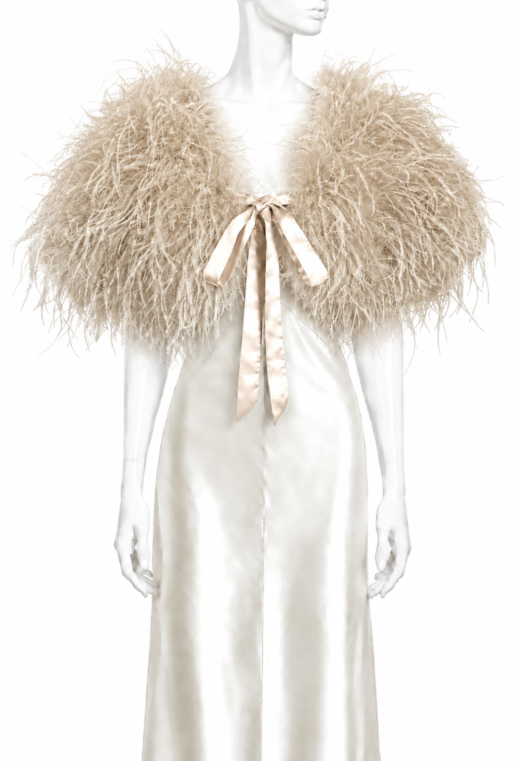 Champagne feather plume mantle with wide shoulder collar and satin bow tie front