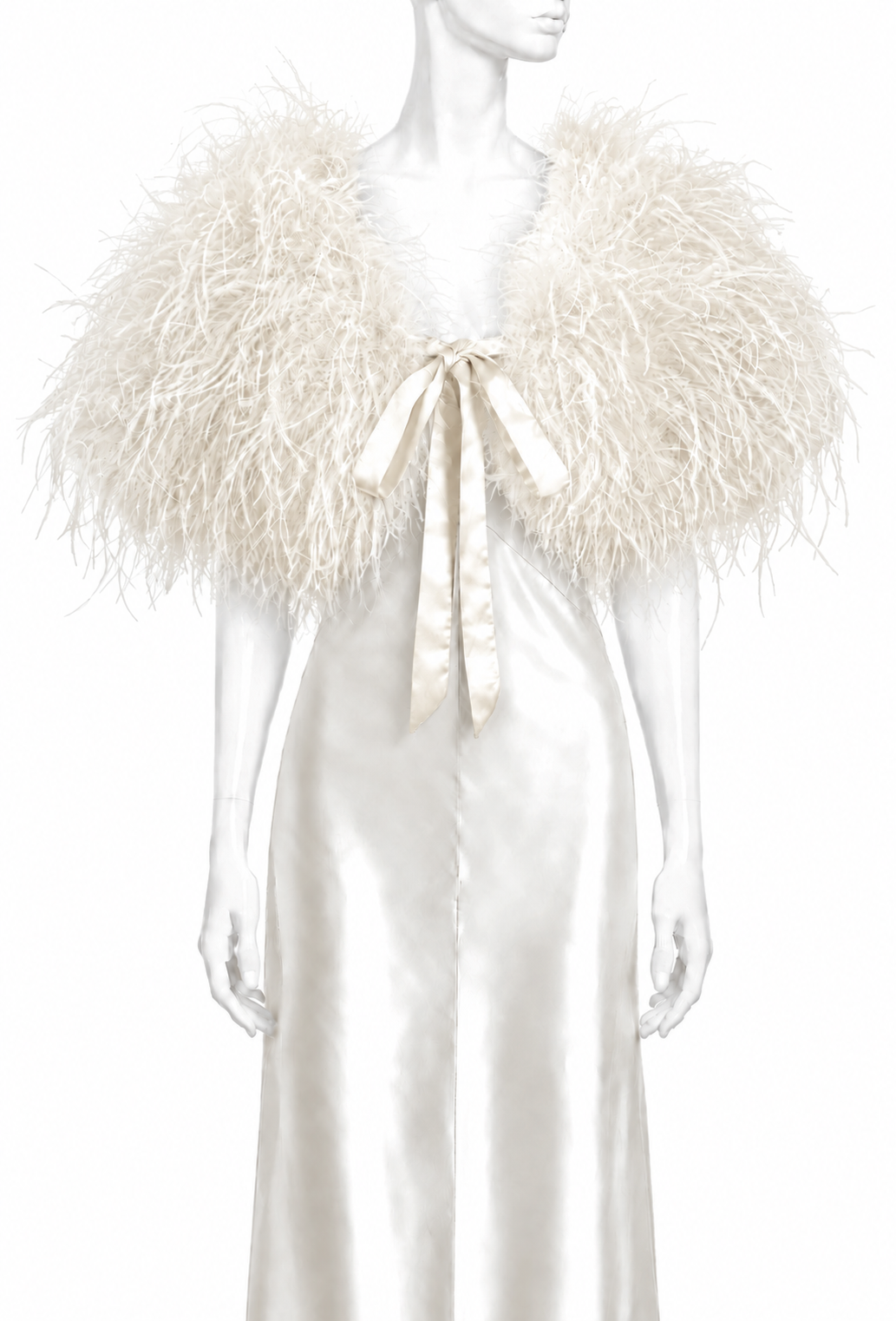 Feather plume mantle in light cream with front bow tie at neckline