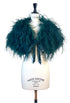 Teal feather plume mantle with open front and satin tie ribbons