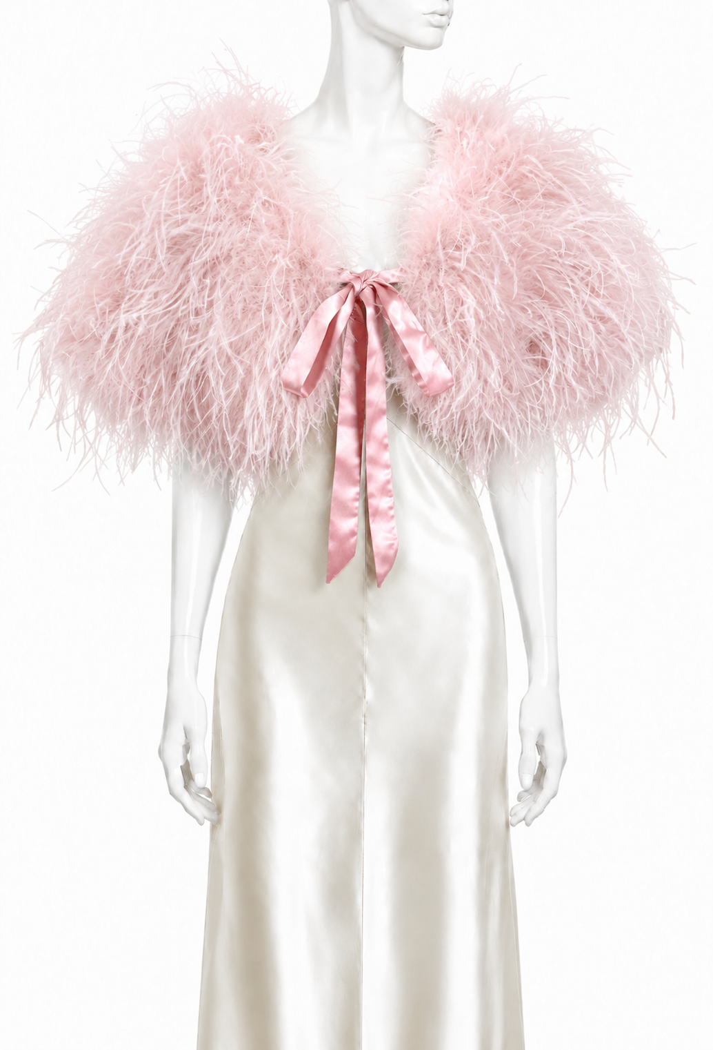 Vintage pink feather plume mantle with satin ribbon tie at front