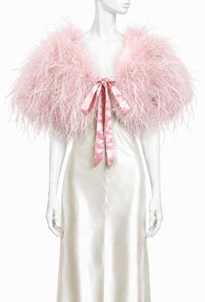 Vintage pink feather plume mantle with satin ribbon tie at front