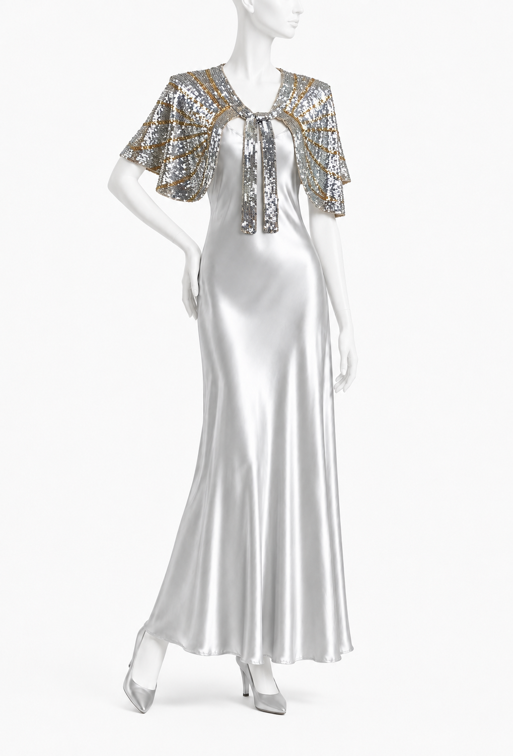 Gold and silver sequin tie vintage capelet with scalloped trim and short sleeves