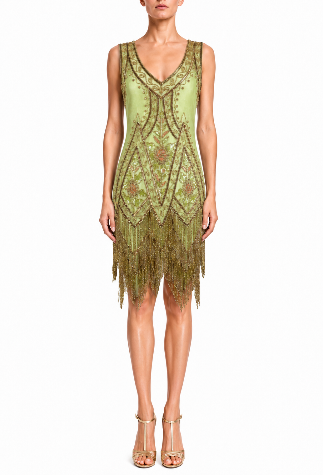 Absinthe green embellished fringed V-neck sleeveless dress with beaded detailing