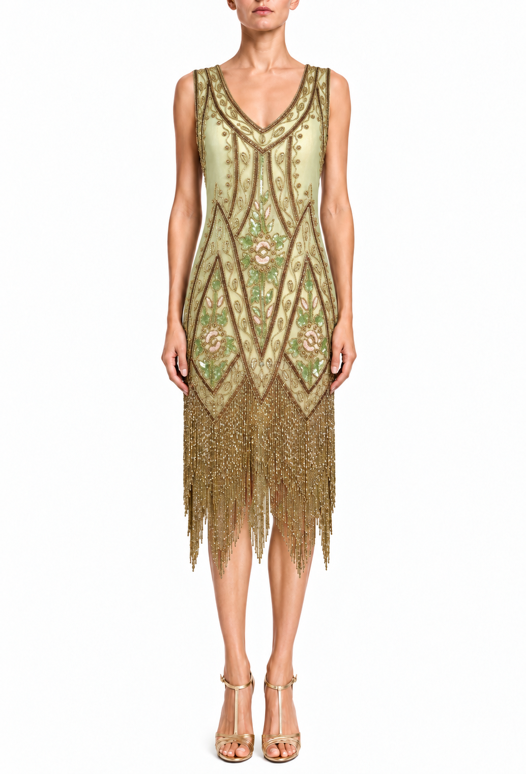 Sleeveless gold and green embroidered beaded dress with V-neck and fringe hem