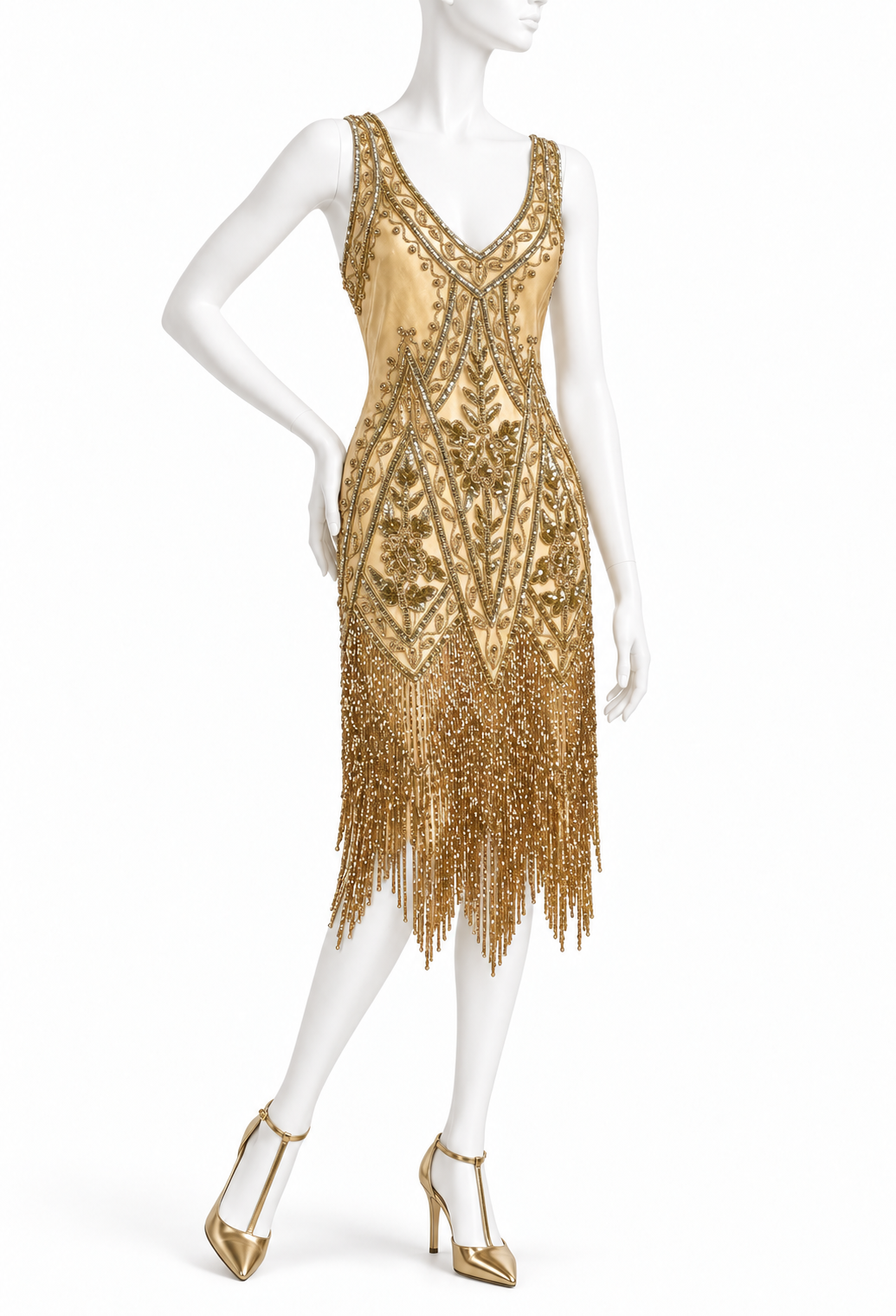 Hollywood Gold beaded sequin mini gown with fringe hem and gold braided straps