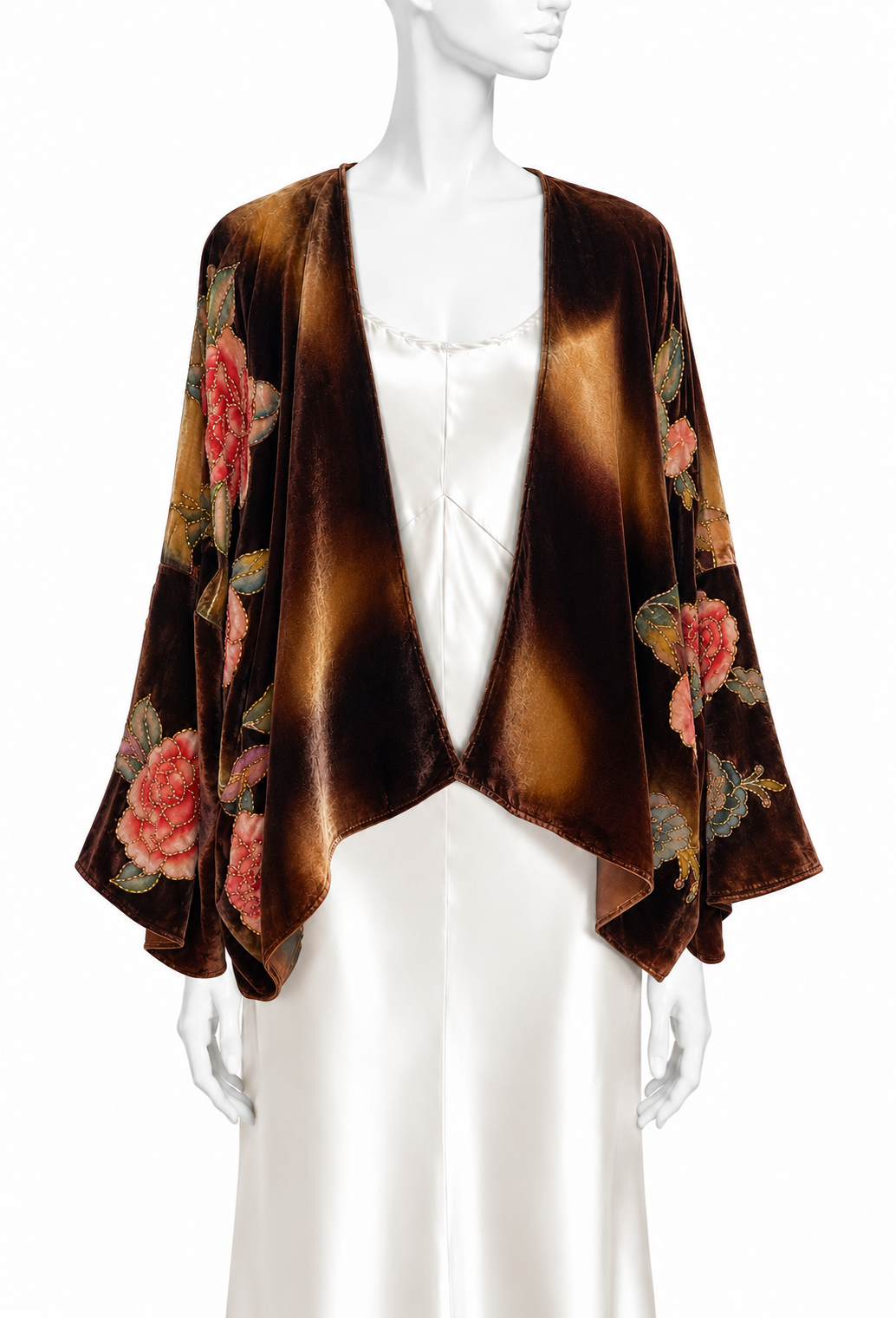 Bronze satin evening jacket worn on mannequin, open front with embroidered floral sleeves