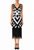 Sleeveless midi gown with black-and-white zigzag diamond pattern and fringe hem