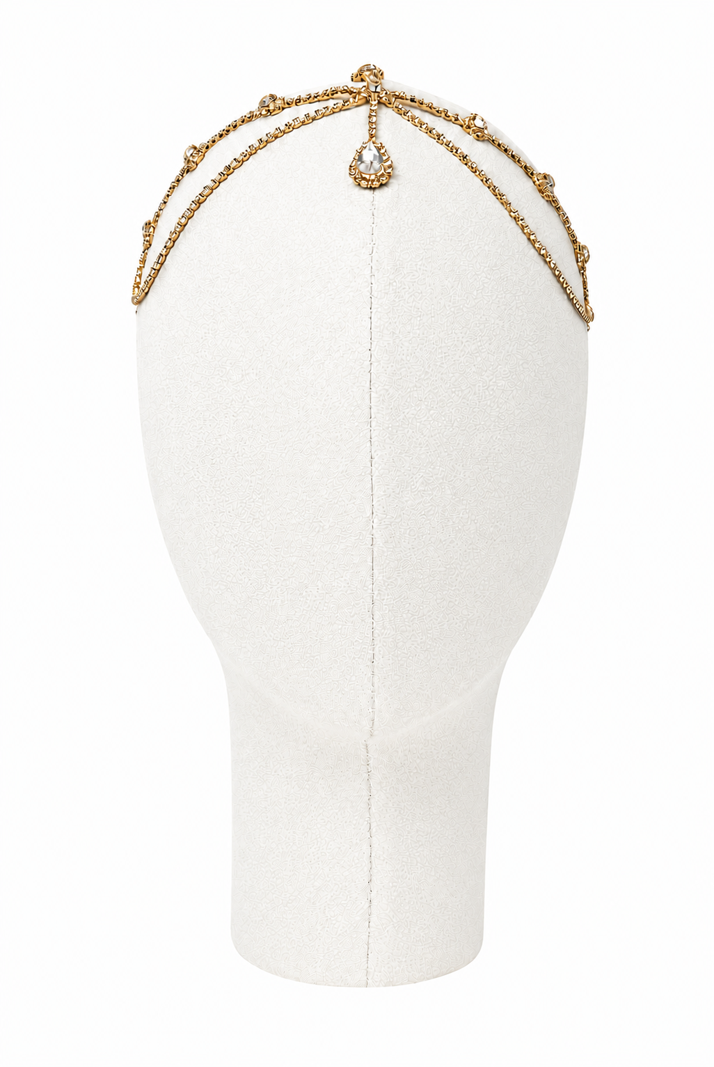 Gilded gold crystal halo headband with central teardrop charm and curved chain arcs