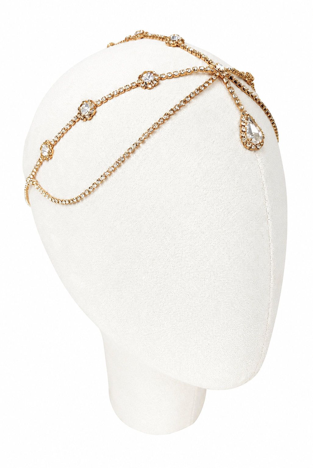 Gold crystal halo headband with rhinestone teardrop accents and layered chain design