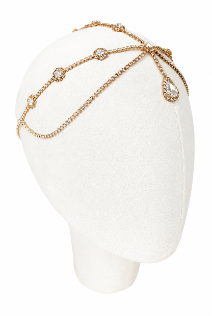 Gold crystal halo headband with rhinestone teardrop accents and layered chain design