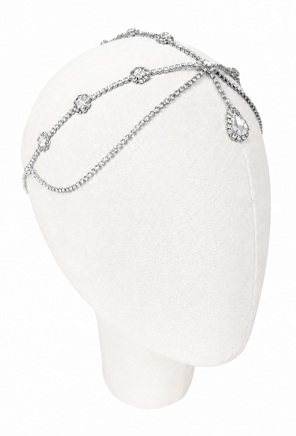 Palladium silver crystal halo headband with linked chain and teardrop drops across top