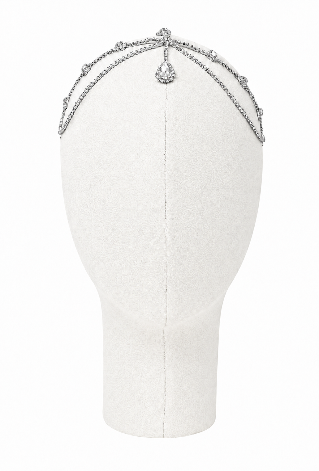 Palladium silver crystal halo headband with teardrop center drop and arched side chains