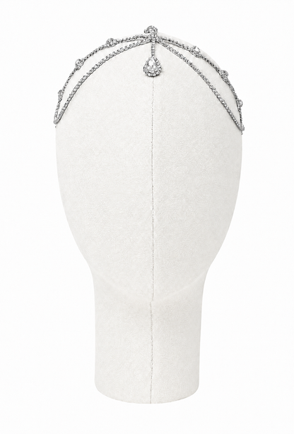 Palladium silver crystal halo headband with teardrop center drop and arched side chains