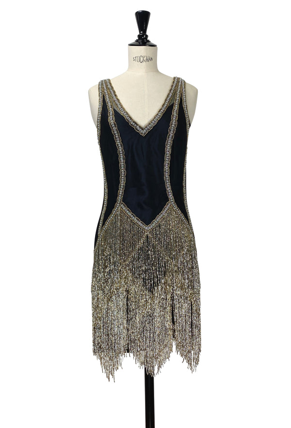 The Louise Brooks Celebrity Beaded Mesh 1920's Gown - Black Metallic The Deco Haus