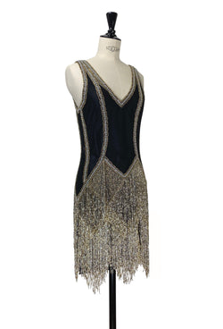 The Louise Brooks Celebrity Beaded Mesh 1920's Gown - Black Metallic The Deco Haus