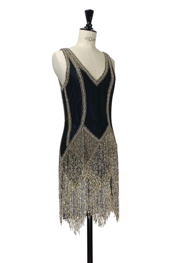 The Louise Brooks Celebrity Beaded Mesh 1920's Gown - Black Metallic The Deco Haus