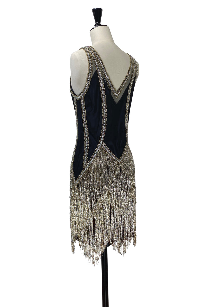 The Louise Brooks Celebrity Beaded Mesh 1920's Gown - Black Metallic The Deco Haus