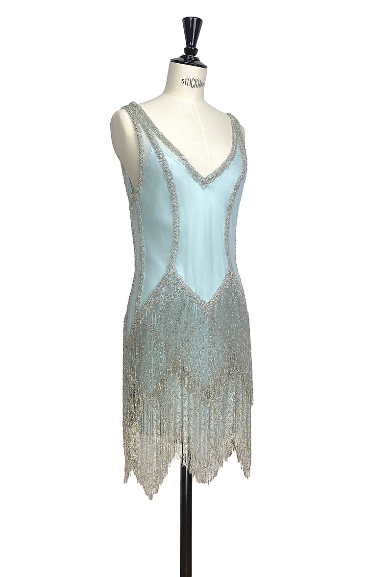 The Louise Brooks Celebrity Beaded Mesh 1920's Gown - Blue Vapor