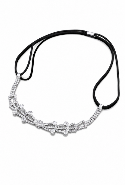 Palladium rhinestone bow headband with black elastic cord and sparkle trim