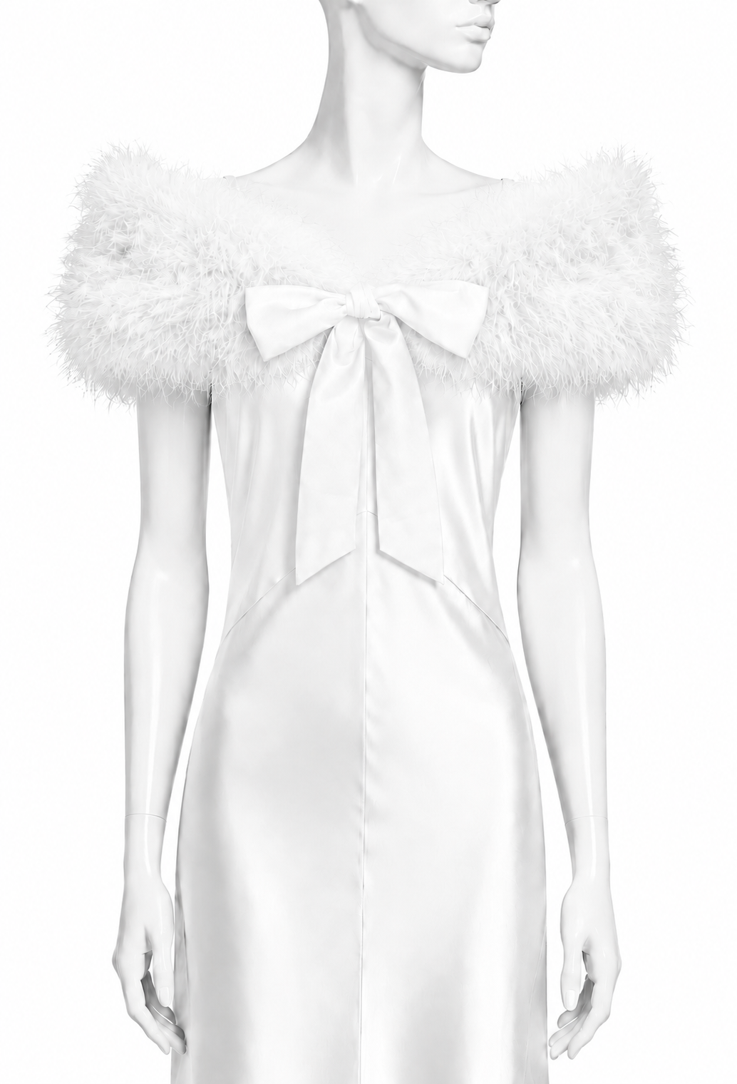 White feather tippet with off-shoulder plumes and satin bow