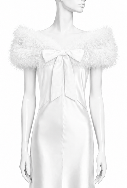 White feather tippet with off-shoulder plumes and satin bow