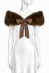 Brown mink fur tippet with off-shoulder design and satin tie bow at neckline