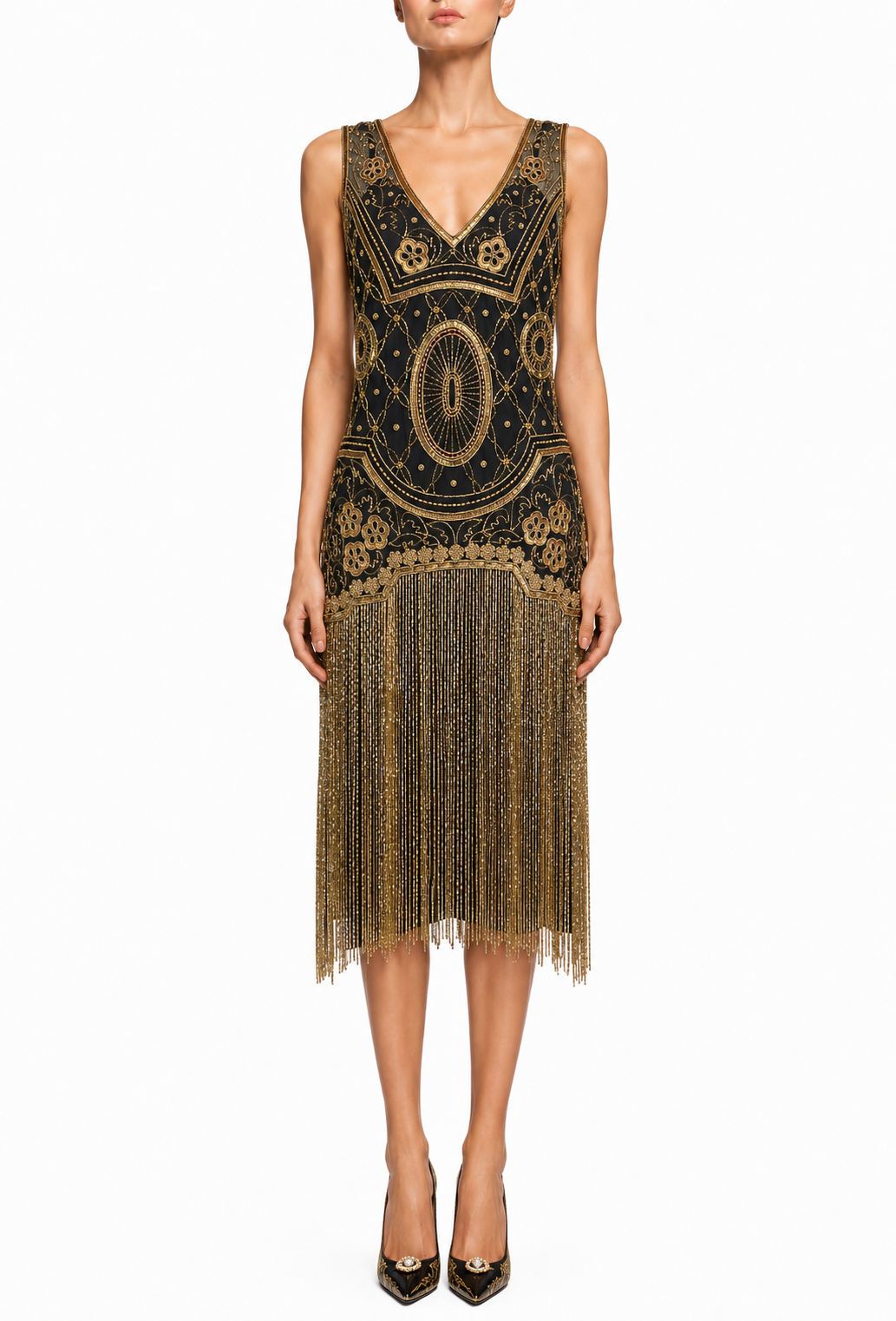 Sleeveless V-neck midi dress with black base, gold beaded pattern and fringe hem