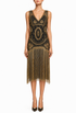 Sleeveless V-neck midi dress with black base, gold beaded pattern and fringe hem