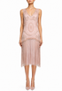 Dusty pink sleeveless midi dress with V-neck, ornate pattern, and fringed hem