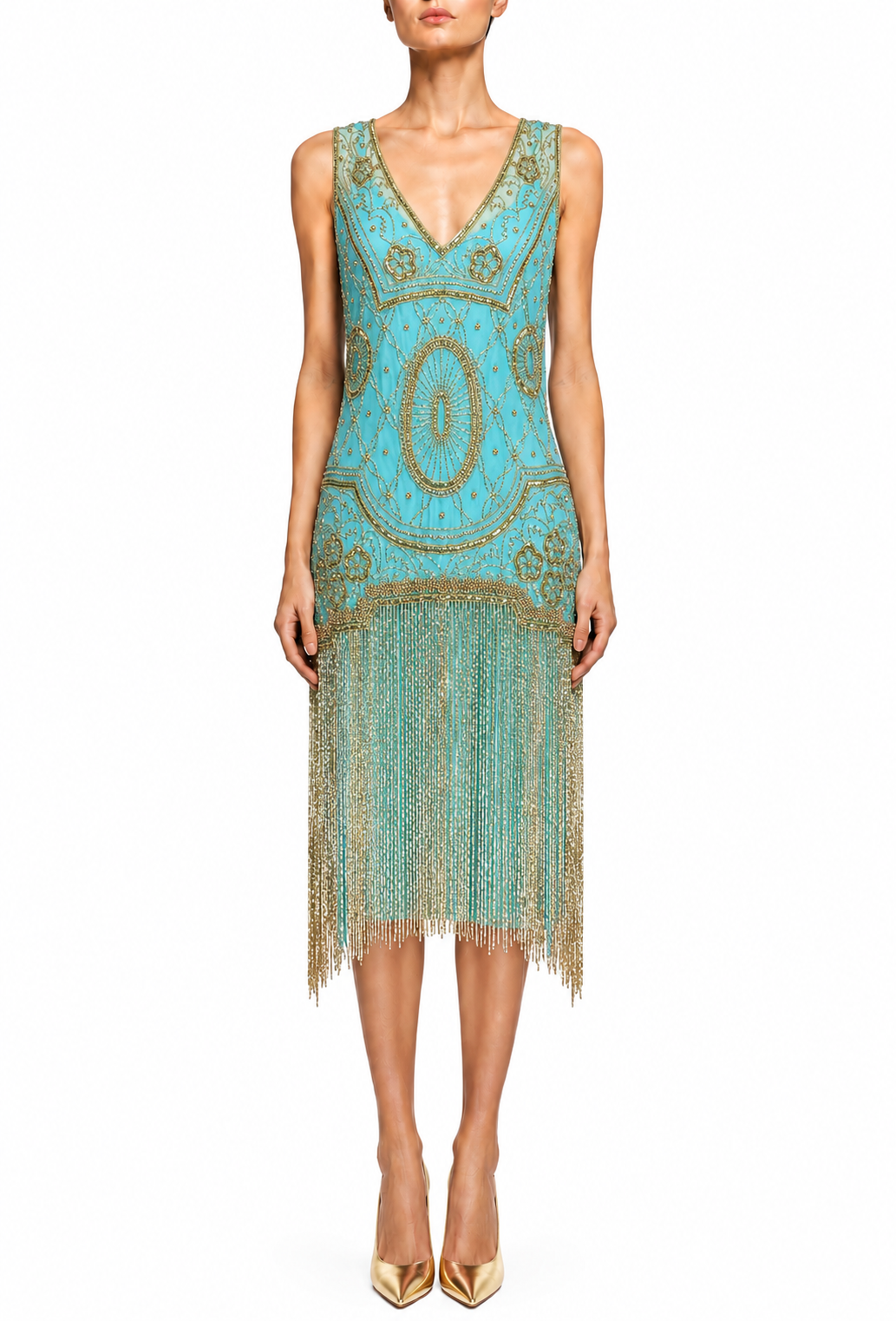 Turquoise gilt sleeveless V-neck midi dress with ornate gold pattern and fringe hem