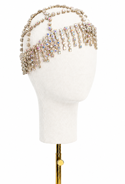 Iridescent gold crystal fringe halo headband with dangling rhinestone tassels
