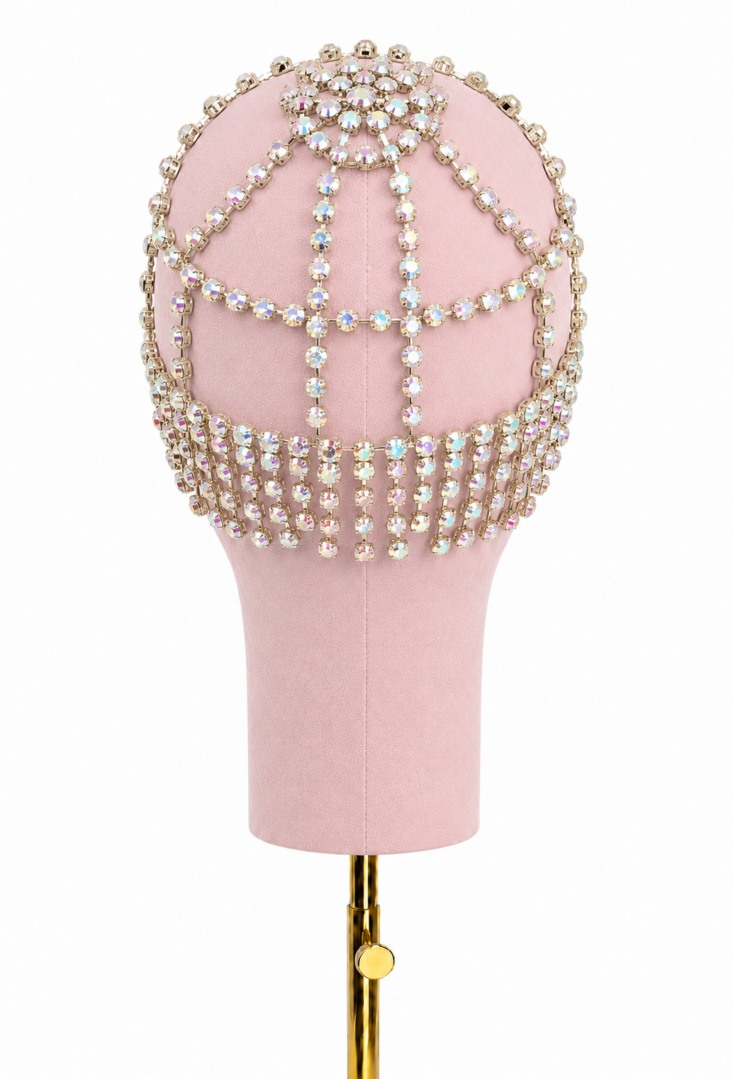 Iridescent gold crystal fringe halo headpiece with dangling crystal panels