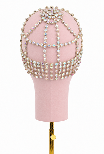 Iridescent gold crystal fringe halo headpiece with dangling crystal panels